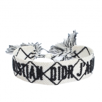 Pre Owned Dior J'adior White & Black Woven Fabric Adjustable Tassel Bracelet