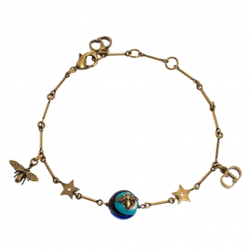 Pre Owned Dior Antique Gold Tone Logo and Bee Charm Multicolor Bead Bracelet