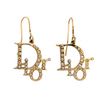 Pre Owned Dior Pale Gold Tone Crystal Oblique Hook Earrings