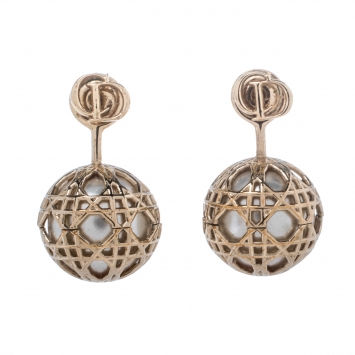 Pre Owned Dior Gold Tone Faux Pearl Secret Cannage Drop Earrings