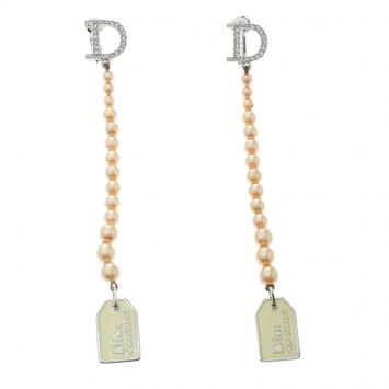 Pre Owned Dior Couture Cream Faux Pearl Enamel Silver Tone Long Earrings