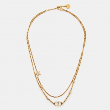 Pre Owned Dior Petit CD Crystals Gold Tone Double Strand Necklace