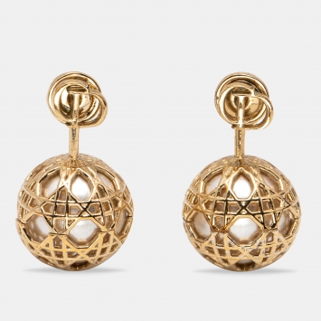 Pre Owned Dior Secret Cannage Faux Pearl Gold Tone Drop Earrings