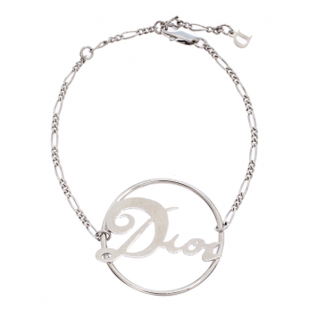 Pre Owned Dior Silver Tone Circle Logo Pendant Chain Bracelet