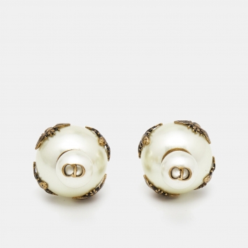 Pre Owned Dior Tribales Bee Faux Pearl Gold Tone Earrings