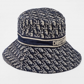 Pre Owned Dior Navy Blue Oblique Jacquard Velvet Bucket Hat