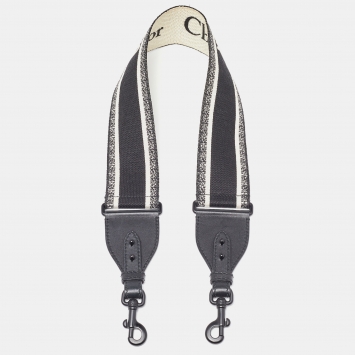 Pre Owned Dior Black/White Canvas and Leather Embroidered Shoulder Bag Strap