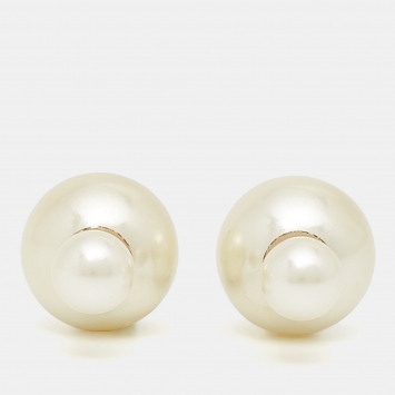 Pre Owned Dior Tribales Faux Pearl Gold Tone Metal Stud Earrings