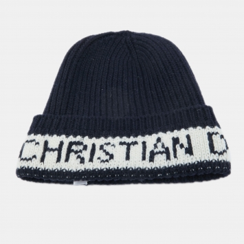 Pre Owned Dior Navy Blue Logo Wool & Cashmere Knit Beanie