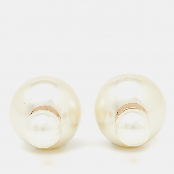 Pre Owned Dior Tribales Faux Pearl Gold Tone Stud Earrings