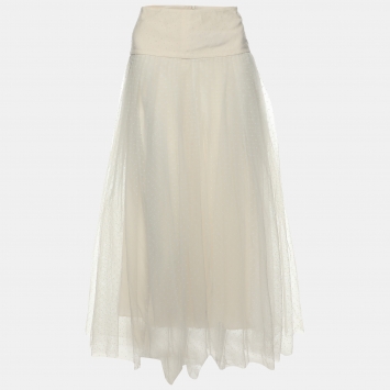 Pre Owned Dior Cream Textured Tulle Overlay Gathered Midi Skirt S