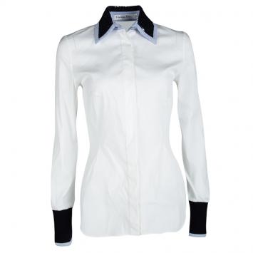 Pre Owned Dior White Sequined Collar Contrast Cuff Detail Long Sleeve Shirt S