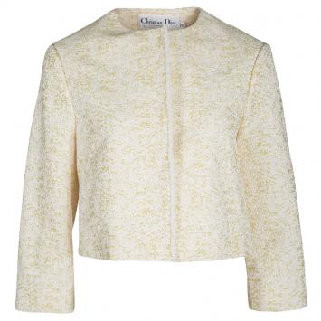 Pre Owned Dior Yellow Textured Frayed Placket Detail Button Front Cropped Jacket S