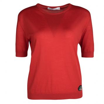 Pre Owned Dior Red Wool Embellished Fly Detail Short Sleeve Top S