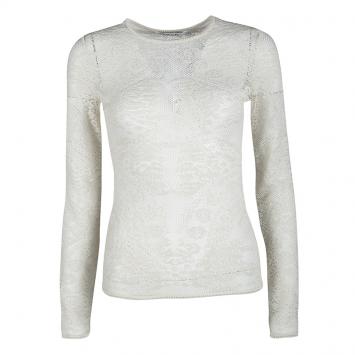 مملوكة مسبقًا Dior Cream Embroidered Mesh Long Sleeve Sheer Top S
