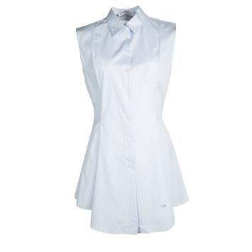 Pre Owned Dior Blue and White Striped Cotton Flared Bottom Sleeveless Long Shirt M