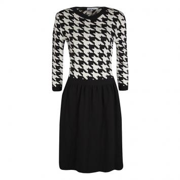 Pre Owned Dior Monochrome Houndstooth Pattern Wool Dress M