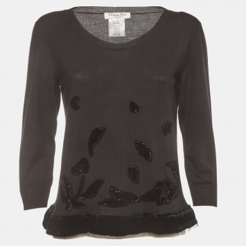 مملوكة مسبقًا Christian Dior Vintage Black Wool Blend Velvet Trim Top L