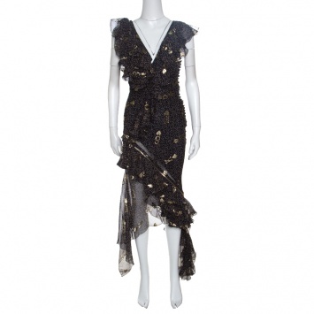 Pre Owned Dior Navy Blue Lurex Detail Ruffled Dotted Asymmetric Dress S