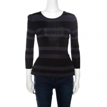 Pre Owned Dior Grey and Black Striped Knit Long Sleeve Peplum Top S