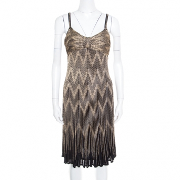 Pre Owned Christian Dior Gold Lurex Chevron Patterned Knit Noodle Strap Ombre Dress M