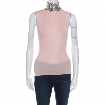 Pre Owned Christian Dior Rose Pink Silk Wool Sequin Paillette Embellished Collar Sleeveless Top S