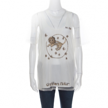 Pre Owned Dior Off White Metallic Le Lion Embroidered Mesh Layered Top L
