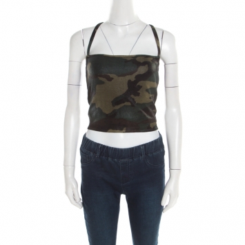 Pre Owned Christian Dior Green Metallic Camouflage Print Cropped Halter Top M