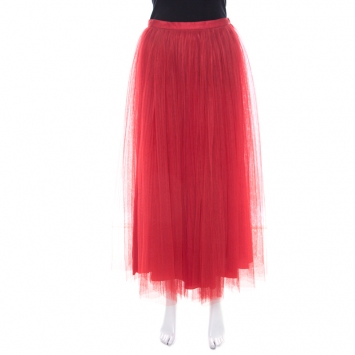Christian Dior Red Tulle Overlay Gathered Midi Skirt M
