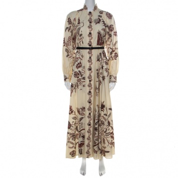 Pre Owned Dior Cream Paisley Printed Cotton Bishop Sleeve Belted Maxi Dress M 