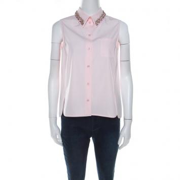 Pre Owned Christian Dior Pink Cotton Crystal Embellished Collar Sleeveless Shirt S