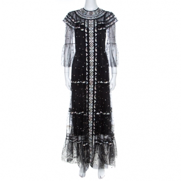 Pre Owned Christian Dior Black Embroidered Tulle Tiered Maxi Dress M