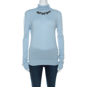 Pre Owned Dior Powder Blue Cashmere Embellished Turtleneck Sweater S