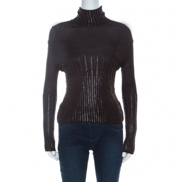 Dior Brown Ribbed Leather Sequin Detail Turtleneck Top L
