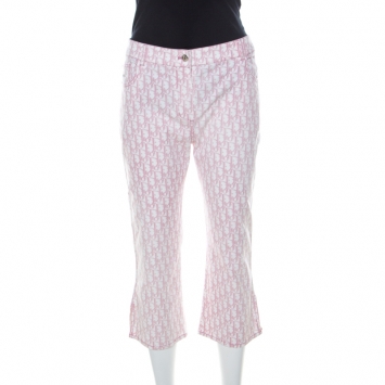 Pre Owned Dior Pink Monogram Denim Embellished Detail Cropped Pants L