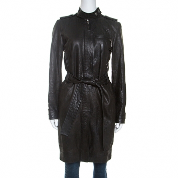 Pre Owned Dior Black Lambskin Belted Long Coat S
