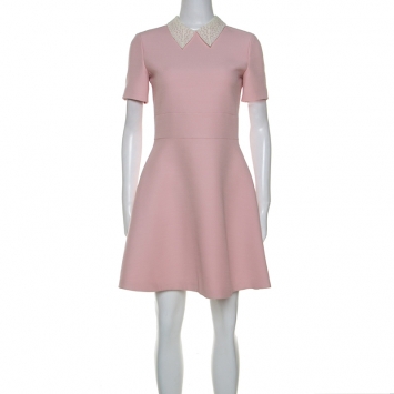 مملوكة مسبقًا Dior Pale Pink Wool Lace Collar Detail Flared Dress S 