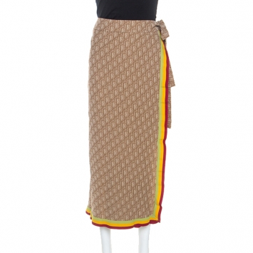 Pre Owned Dior Brown Stretch Knit Diorissimo Print Wrap Skirt S