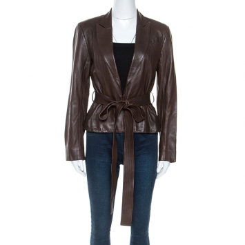 Pre Owned Christian Dior Boutique Brown Leather Belted Jacket M