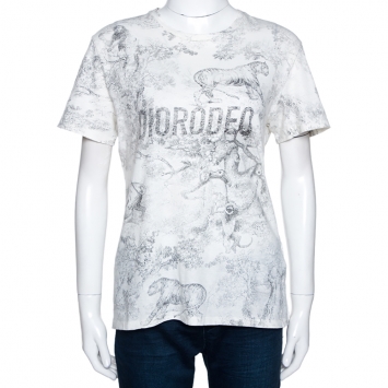 Pre Owned Dior Off White Diorodeo Jungle Print Cotton Linen T-Shirt M
