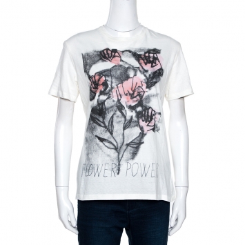Dior Off White Flower Power Print Cotton Linen T-Shirt S
