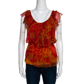 Christian Dior Boutique Orange Abstract Printed Chiffon Ruffled Top S
