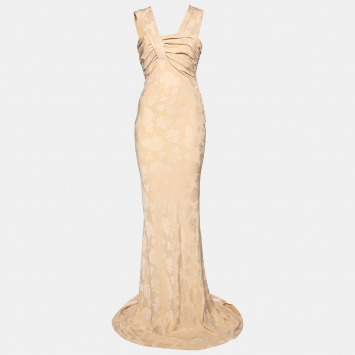 Pre Owned Dior Beige Floral Jacquard Silk Sleeveless Maxi Dress M