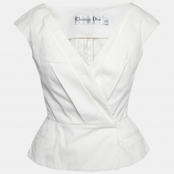 Pre Owned Christian Dior White Cotton Pleated Peplum Top S