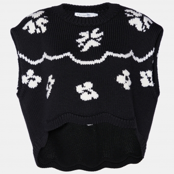 Pre Owned Christian Dior Black Intarsia Knit Scallop Hem Sweater M