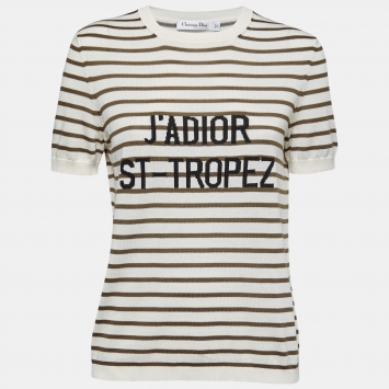 Pre Owned Christian Dior Cream & Brown Striped J'adior St-Tropez Knit Top M