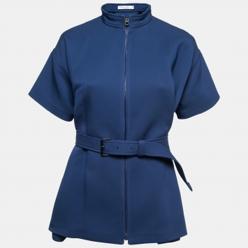 Pre Owned Christian Dior Blue Neoprene Belted Zip-Up Scuba Top S