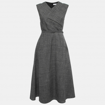Pre Owned Christian Dior Grey Wool Belted Midi Dress S