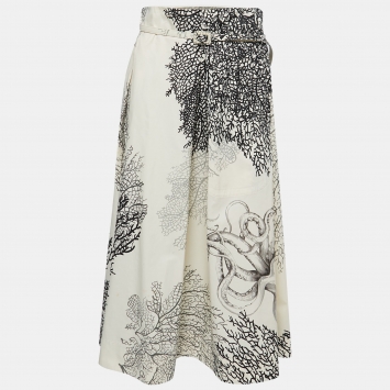 Pre Owned Dior Monochrome Coral Reef Print Cotton Belted Skirt L