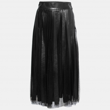 مملوكة مسبقًا Christian Dior Black Leather & Tulle Paneled Midi Skirt S